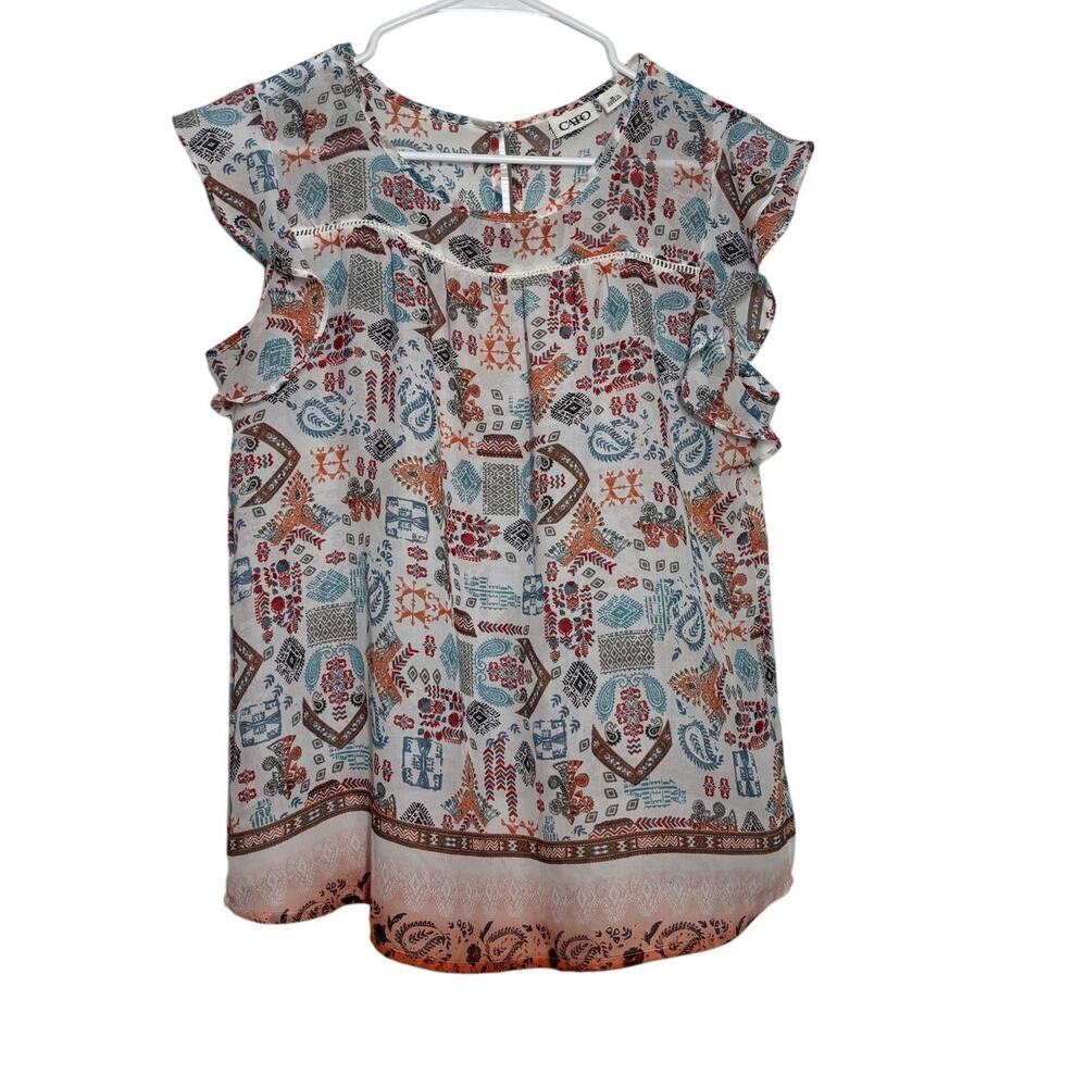 Cato Women M Sheer Graphic Cap Sleeve Blouse Career Summer Business Casual